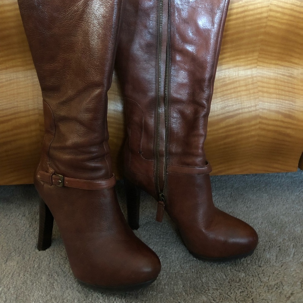 dark brown leather knee high platform boots